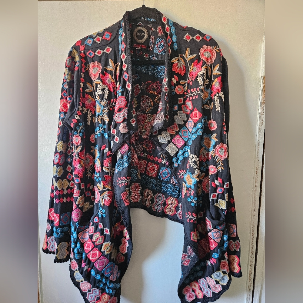 Johnny Was Black Cardigan Duster with Multicolor Embroidery